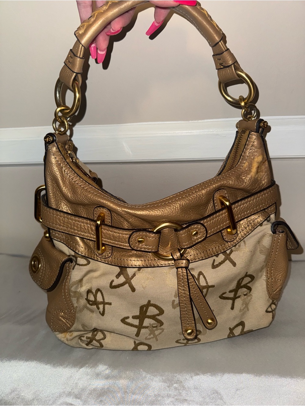 Designer-Inspired Tan Logo Canvas and Leather Hobo Bag